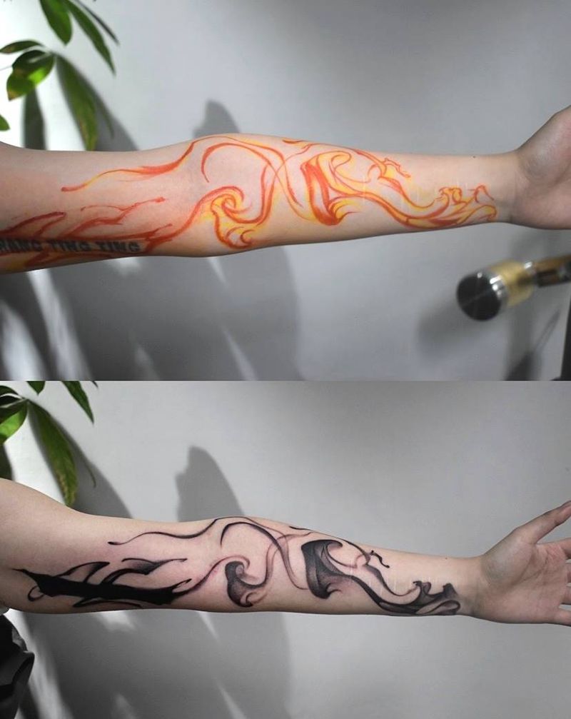 烟熏火燎纹身图片_手臂水墨遮盖纹身图案