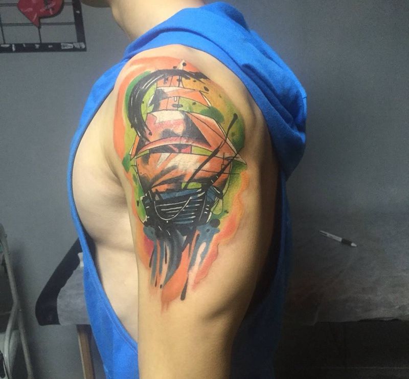 水彩帆船纹身图片