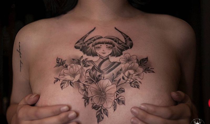 金牛花胸纹身图片_胸部点刺纹身图案