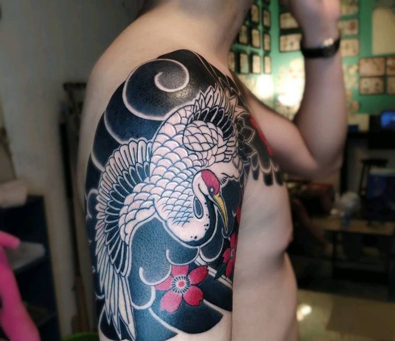 手绘日式老传统半胛纹身图片_手臂老传统纹身图案