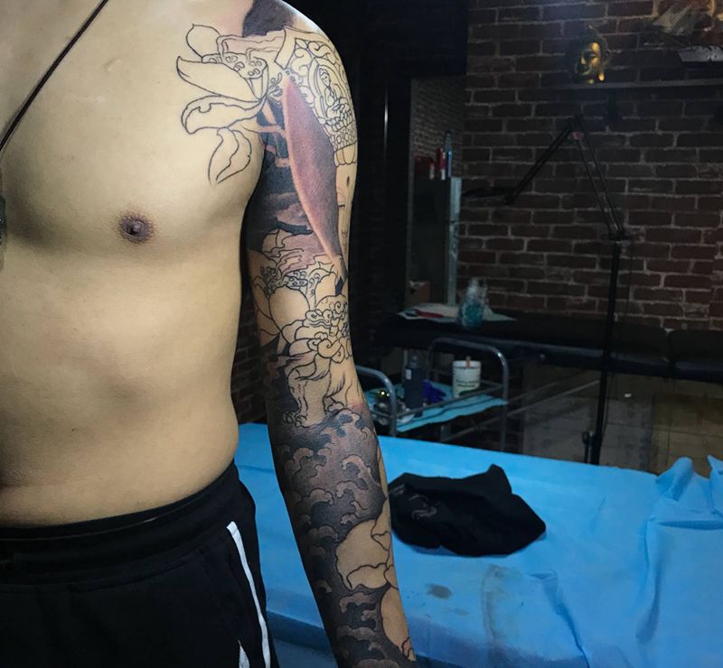 菩萨莲花花臂纹身图片