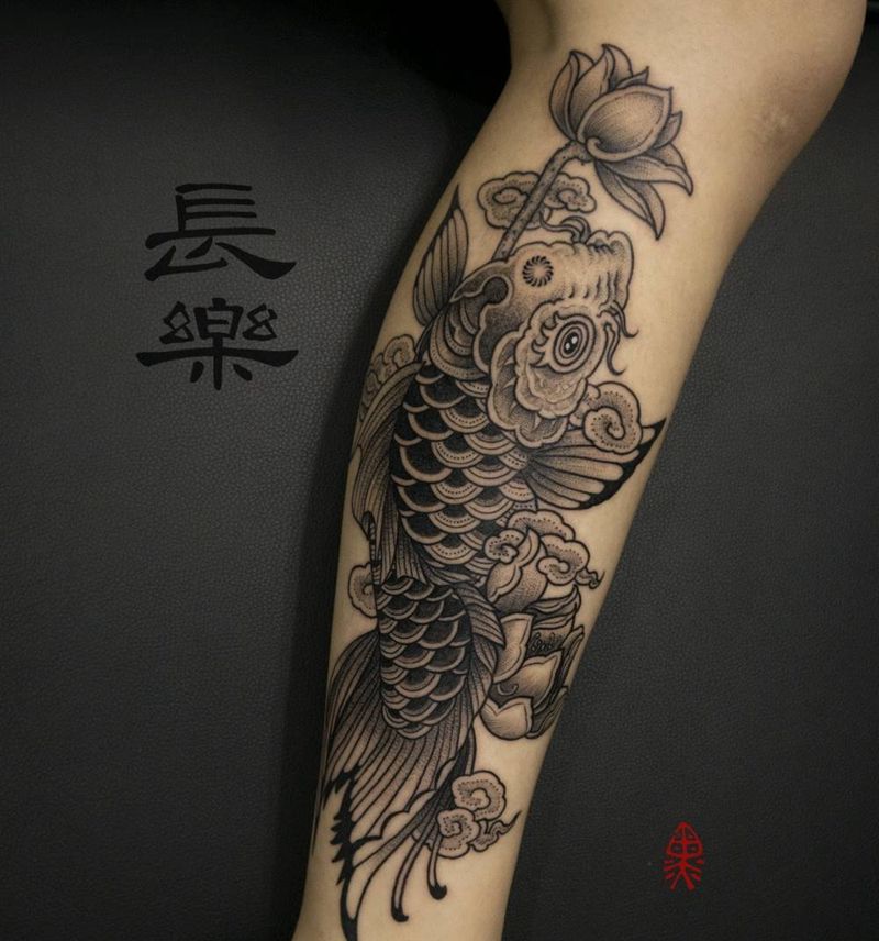 【鲤】纹身图片_腿部脚部图腾新传统纹身图案