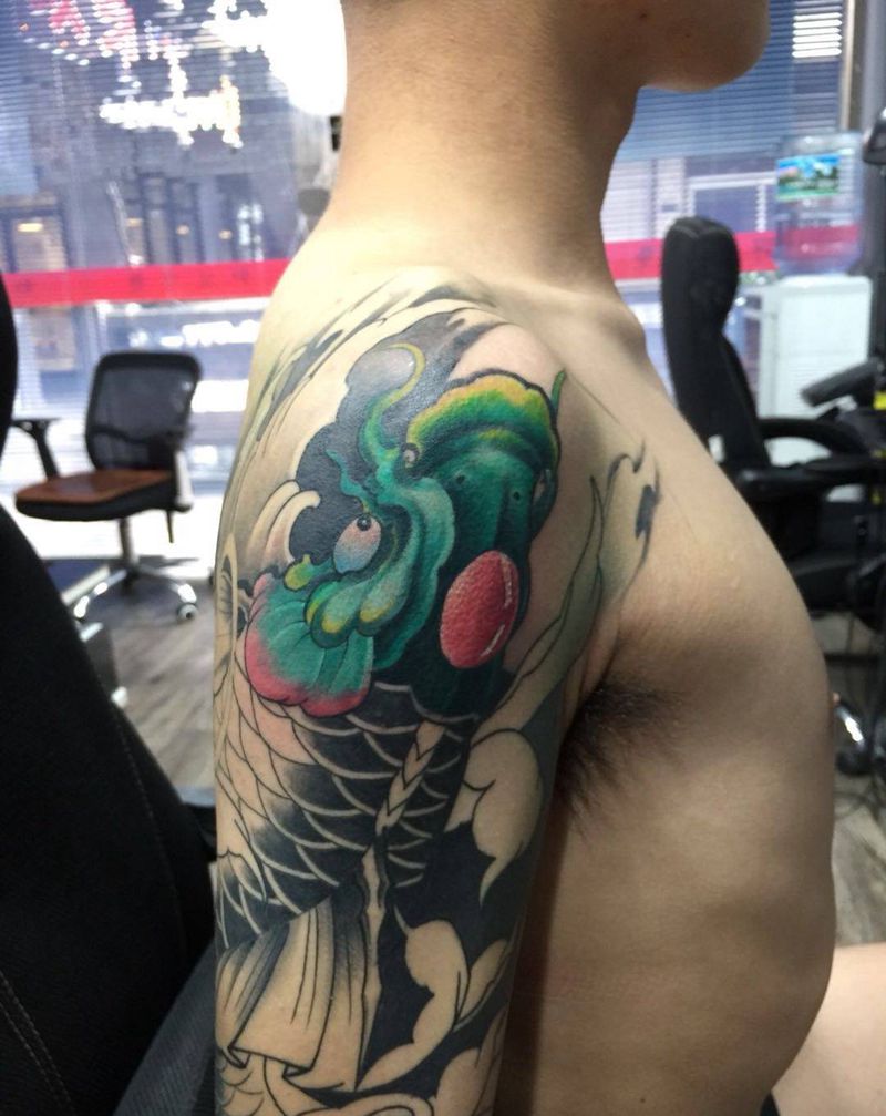 花臂 鱼荷花纹身图片_成品手臂传统动物原创纹身图案