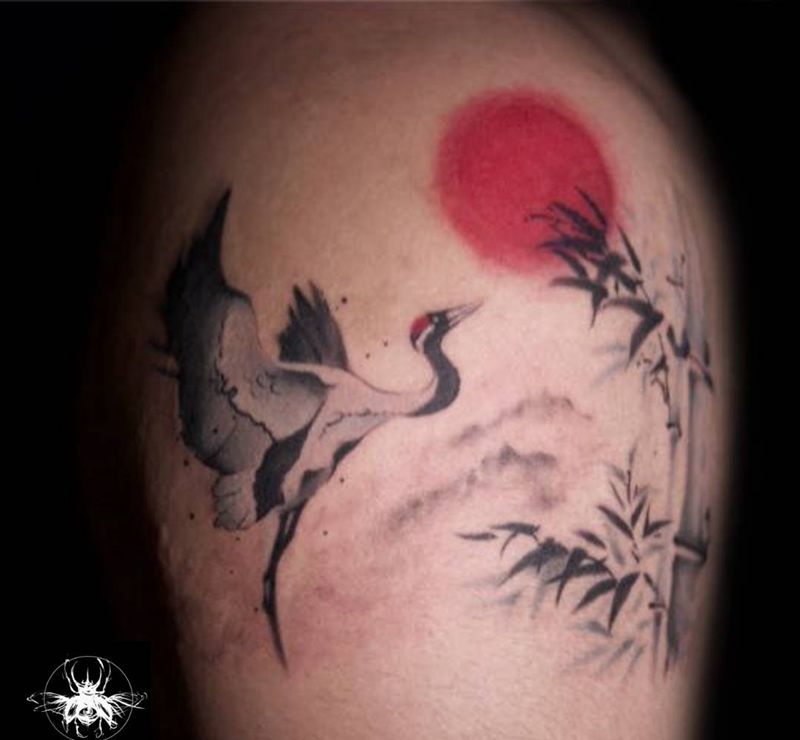 青竹仙鹤纹身图片_手臂水墨纹身图案