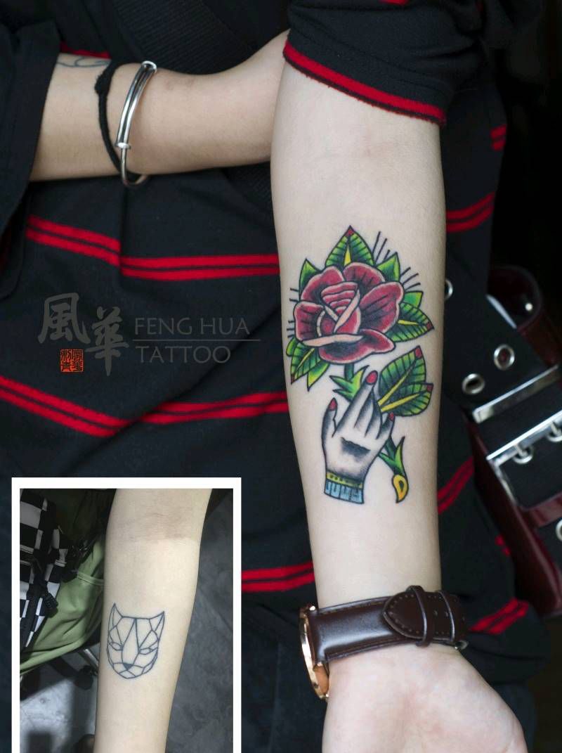 拯救不开心系列纹身图片_Old School水彩花纹身图案