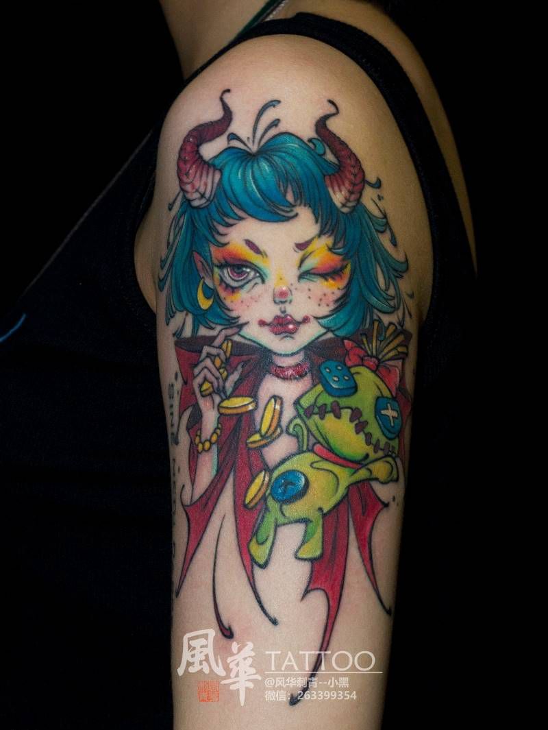 【Girl】纹身图片_肩部手臂New School水彩女孩娃娃纹身图案
