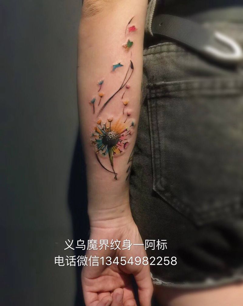 浦公英纹身图片_手臂手部水彩水墨蒲公英小小清新纹身图案