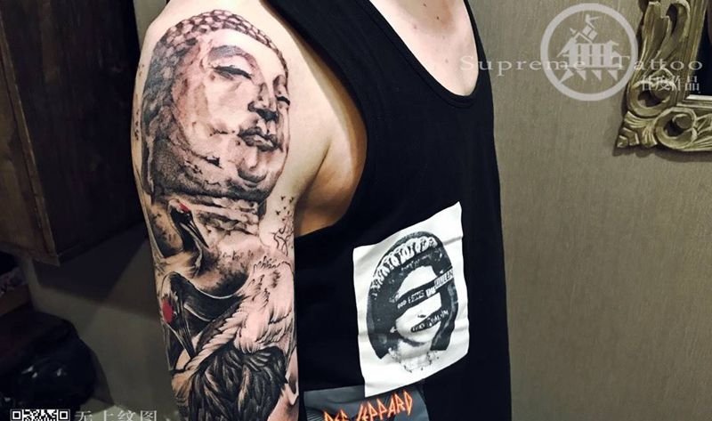 驻店师傅作品《佛·鹤》纹身图片_成品手臂传统习俗清新鬼神宗教原创纹身图案