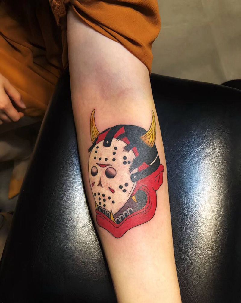 般若面具纹身图片_手臂老传统般若日式彩色小图纹身图案