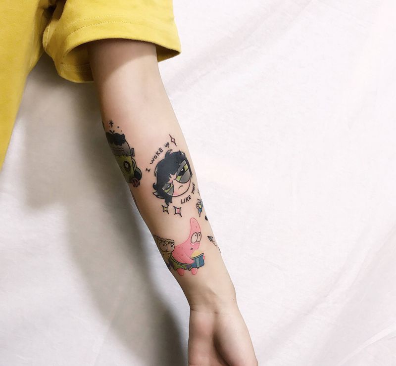 卡通拼接纹身图片_手臂New School水彩纹身图案