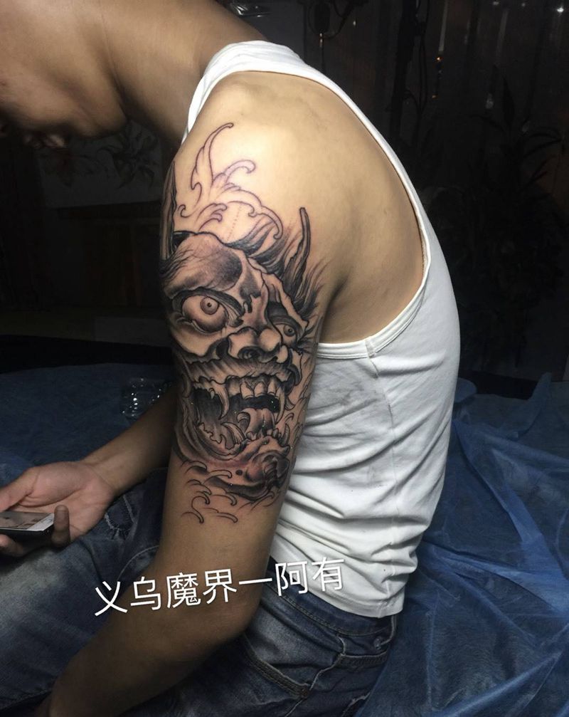 般若骷髅纹身图片_成品手臂习俗人物宗教鬼神肩部手部欧美纹身图案