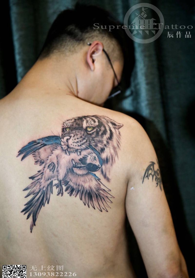 驻店师傅作品纹身图片_成品肩部传统肖像清新国画动物纹身图案