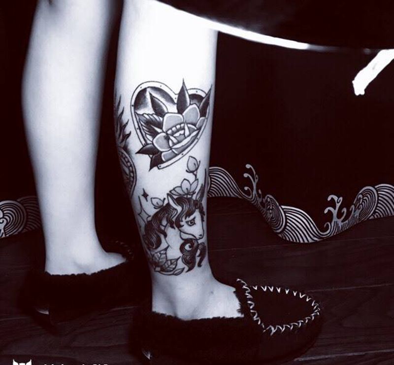 School小腿纹身纹身图片_腿部欧美动物几何纹身图案