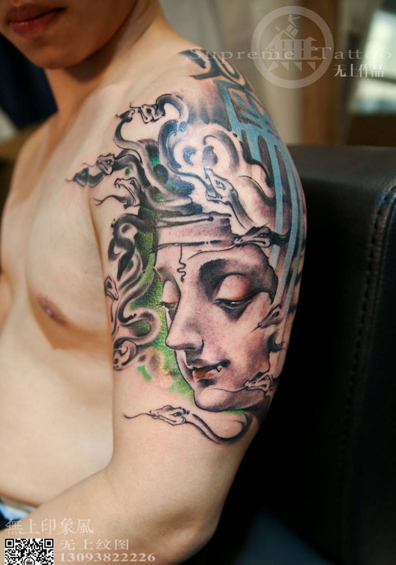 无上笔下的美杜莎纹身图片_成品手臂欧美肖像清新人物鬼神原创宗教纹身图案