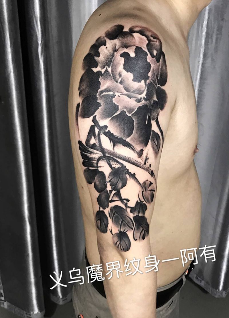水墨花纹身图片_成品手臂手部国画宗教植物肩部传统原创插画纹身图案