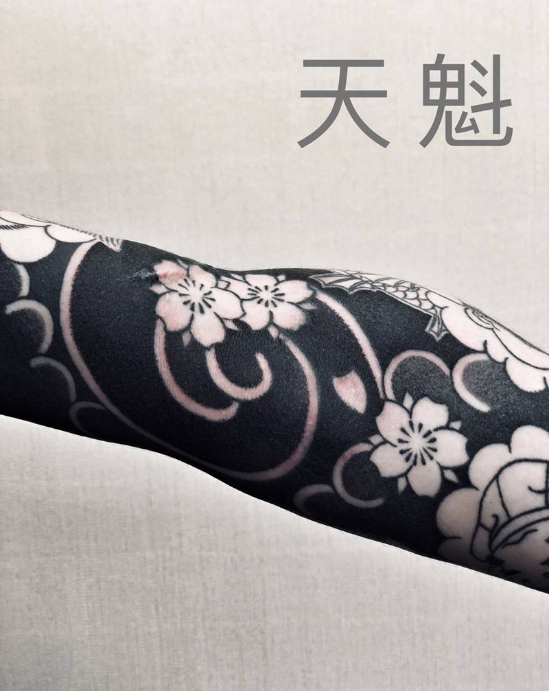 五福花臂纹身图片_手臂老传统纹身图案