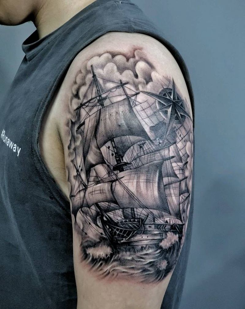 帆船纹身图片_手臂欧美写实纹身图案