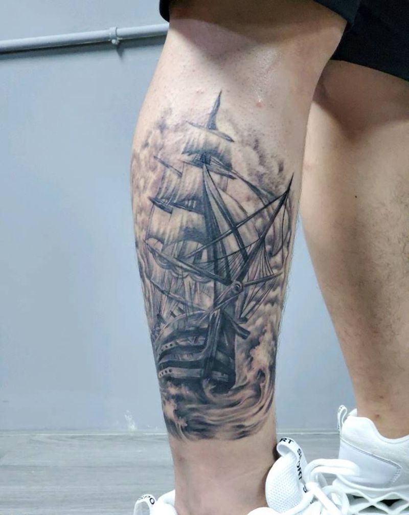 帆船纹身图片_腿部欧美写实纹身图案