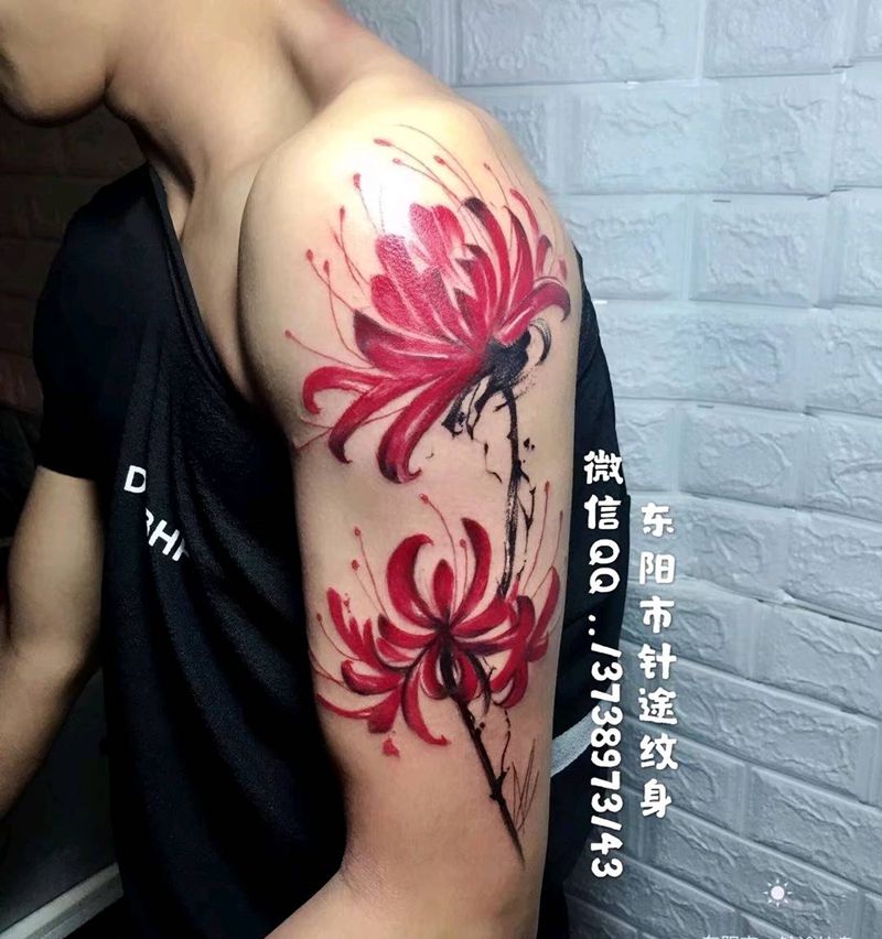 彼岸花纹身图片_手臂老传统水墨纹身图案