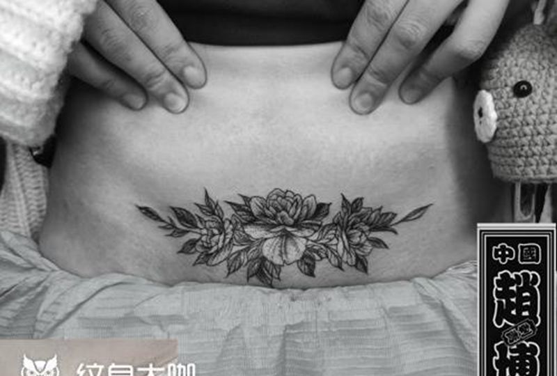 素花纹身纹身图片_腹部点刺疤痕遮盖纹身图案