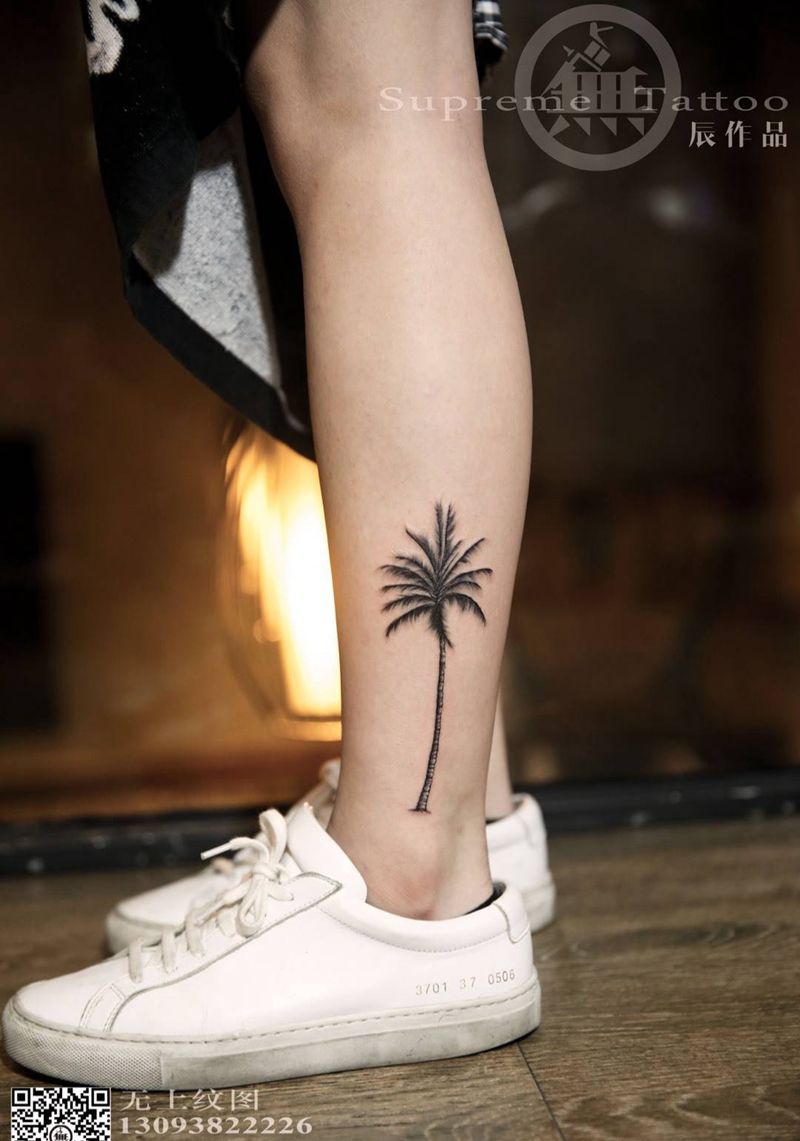 椰树纹身图片_成品手臂腿部清新植物闺蜜纹身图案