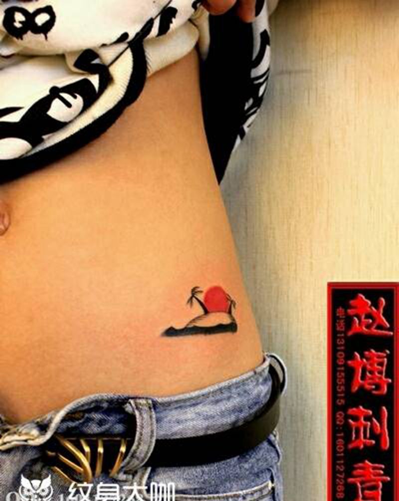 美女小腹纹身纹身图片_腹部清新植物成品纹身图案