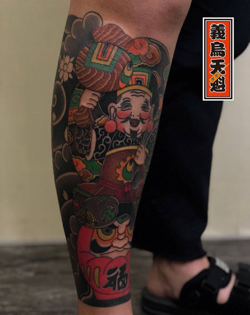 财神花腿纹身图片_腿部老传统纹身图案