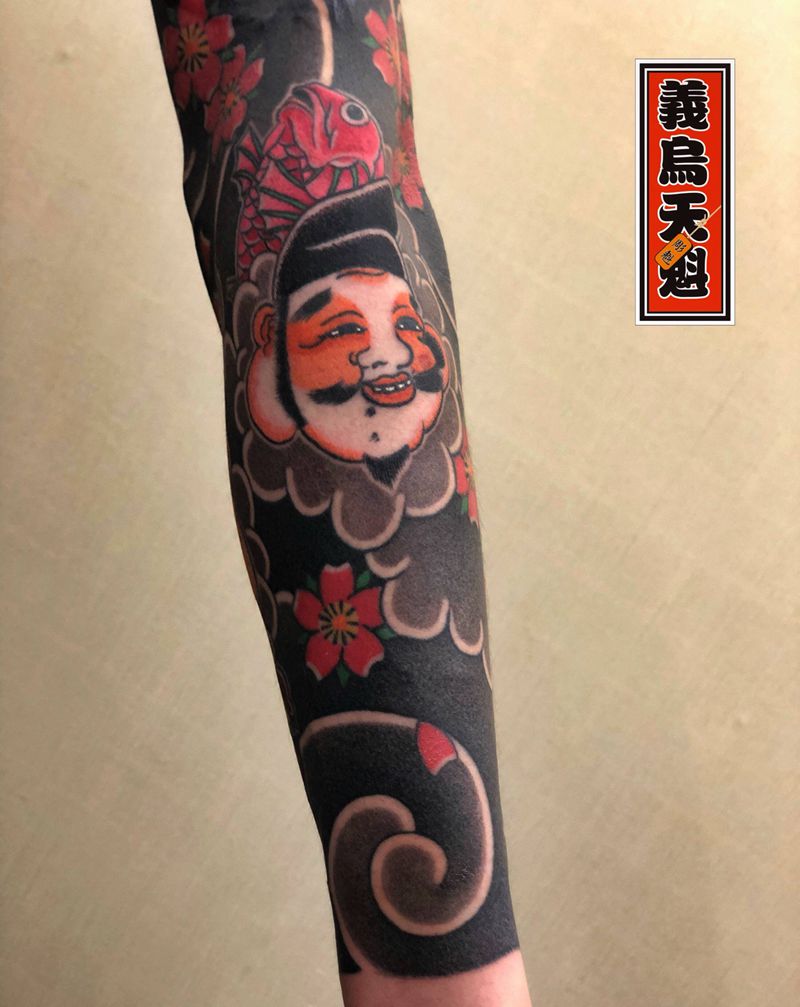 财神花臂纹身图片_手部老传统纹身图案