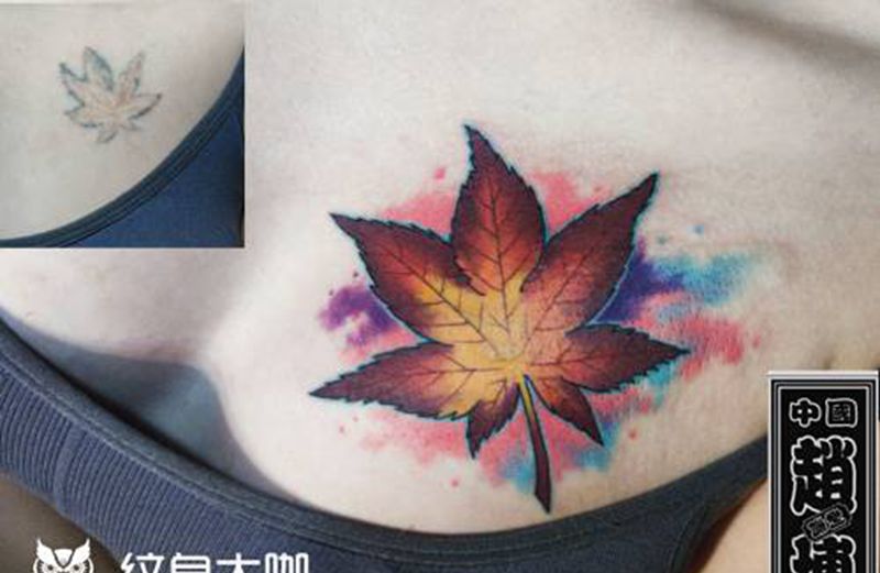 枫叶纹身纹身图片_胸部水彩新传统枫叶纹身图案