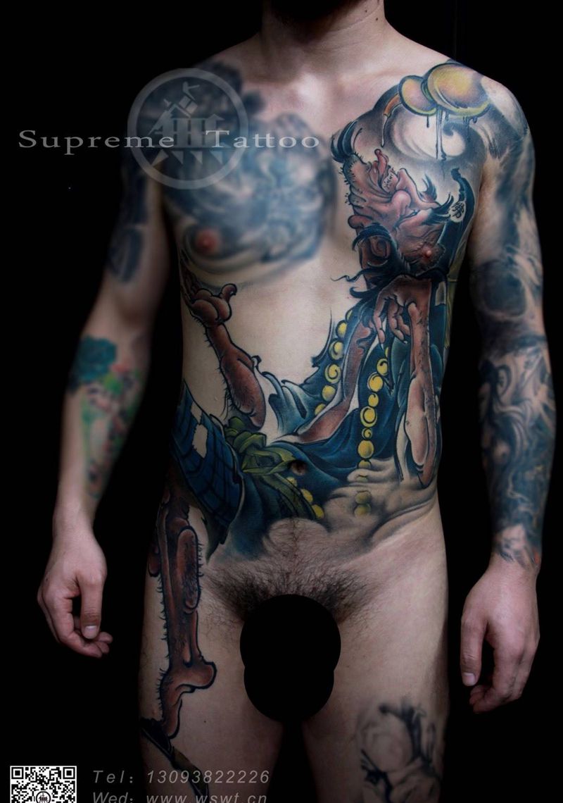 济公纹身图片_传统国画人物原创腹部腰部脚部成品纹身图案