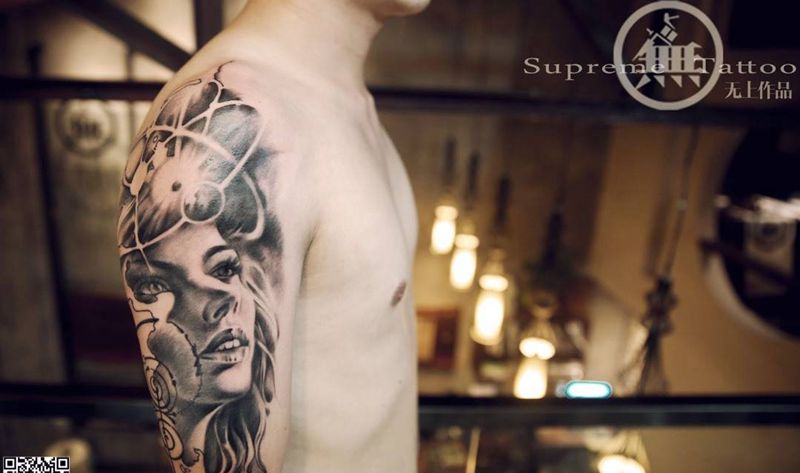 无上印象风肖像作品纹身图片_成品手臂欧美肖像人物原创纹身图案