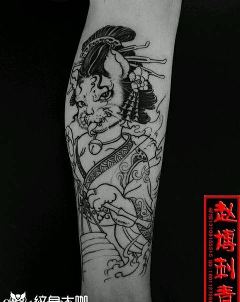 小腿纹身制作中纹身图片_腿部传统人物成品纹身图案