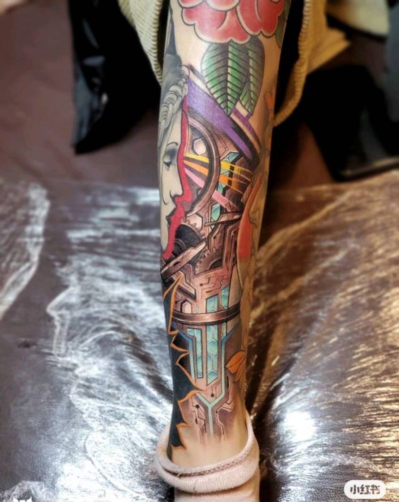 赛博朋克纹身图片_腿部欧美写实纹身图案