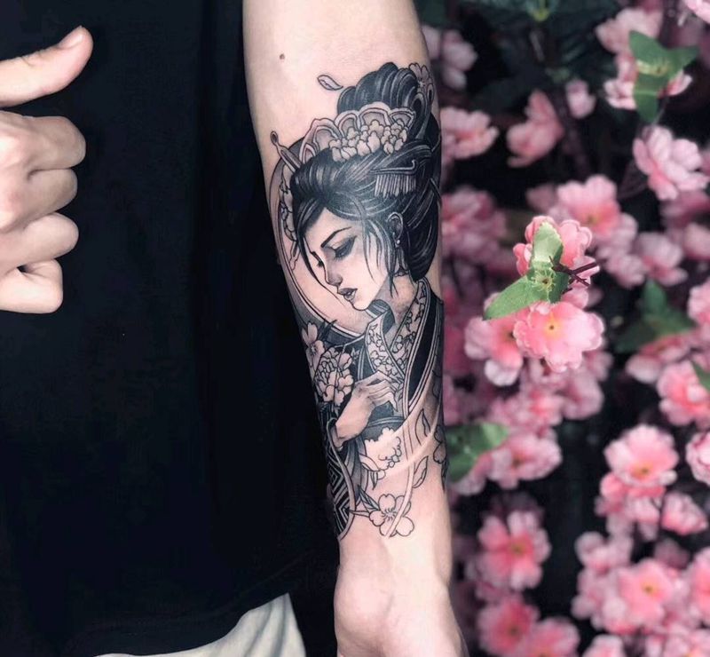 古风女子纹身图片_手臂新传统纹身图案