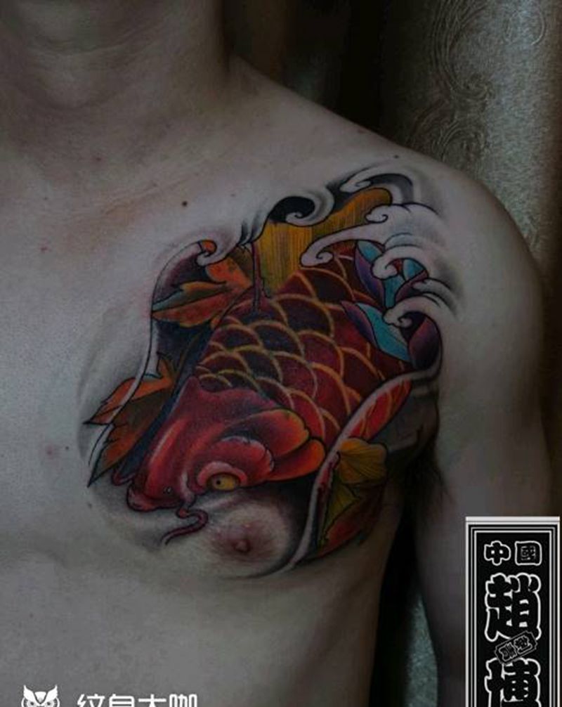 遮盖纹身纹身图片_胸部新传统鱼纹身图案