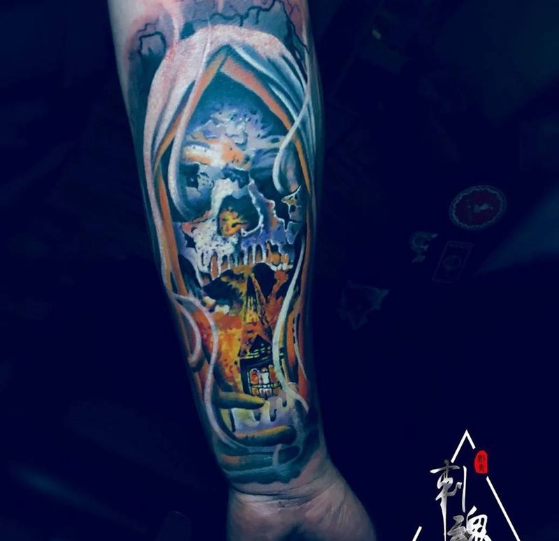 欧美超写实死神纹身图片_成品手臂欧美肖像鬼神原创纹身图案