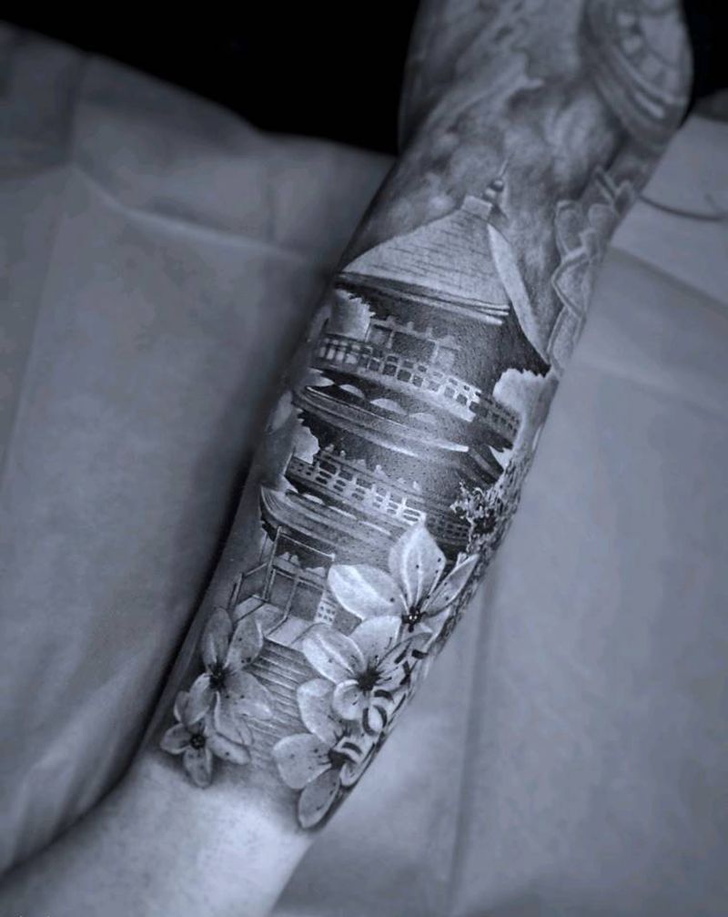 塔纹身图片_手臂欧美写实纹身图案