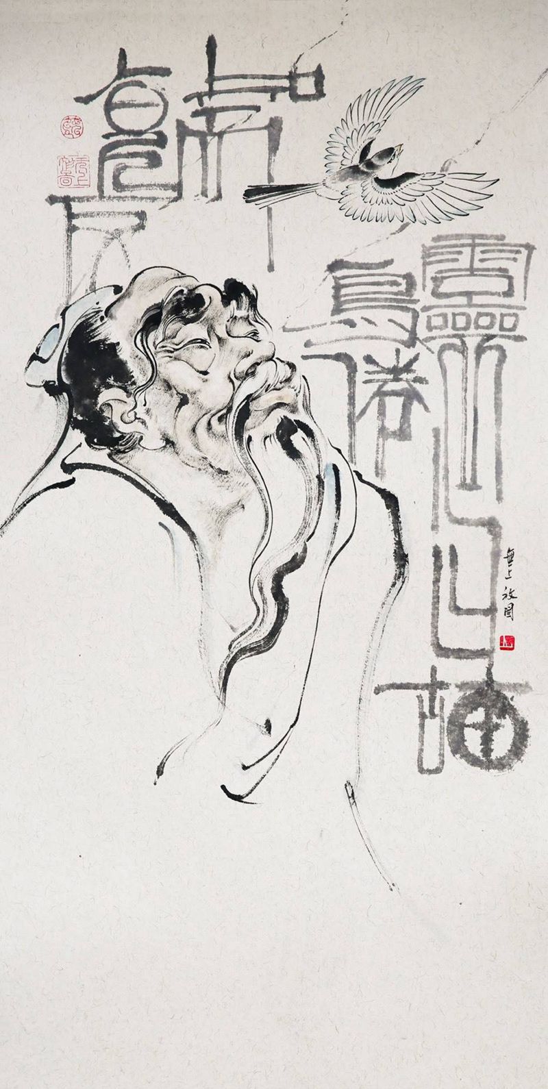 《听风•老者》纹身图片_成品插画传统肖像清新国画人物原创手稿纹身图案