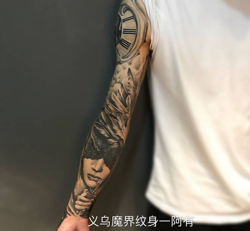 花臂纹身图片_手部手臂欧美肖像写实人物原创宗教传统成品纹身图案