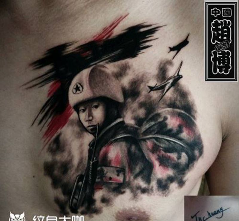 突击队纹身纹身图片_胸部欧美写实士兵纹身图案