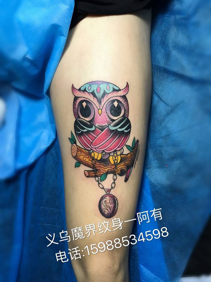 猫头鹰纹身图片_成品动物欧美腿部手臂习俗传统插画腹部腰部纹身图案
