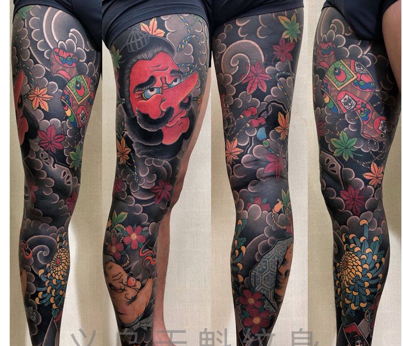 老传统花腿纹身图片_腿部脚部老传统纹身图案