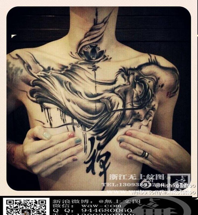 禅纹身图片_原创人物国画传统胸部颈部成品纹身图案