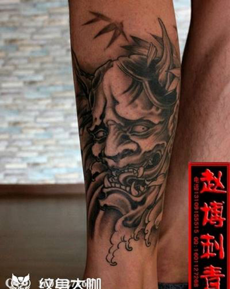 小腿般若纹身恢复后纹身图片_腿部传统鬼神成品纹身图案