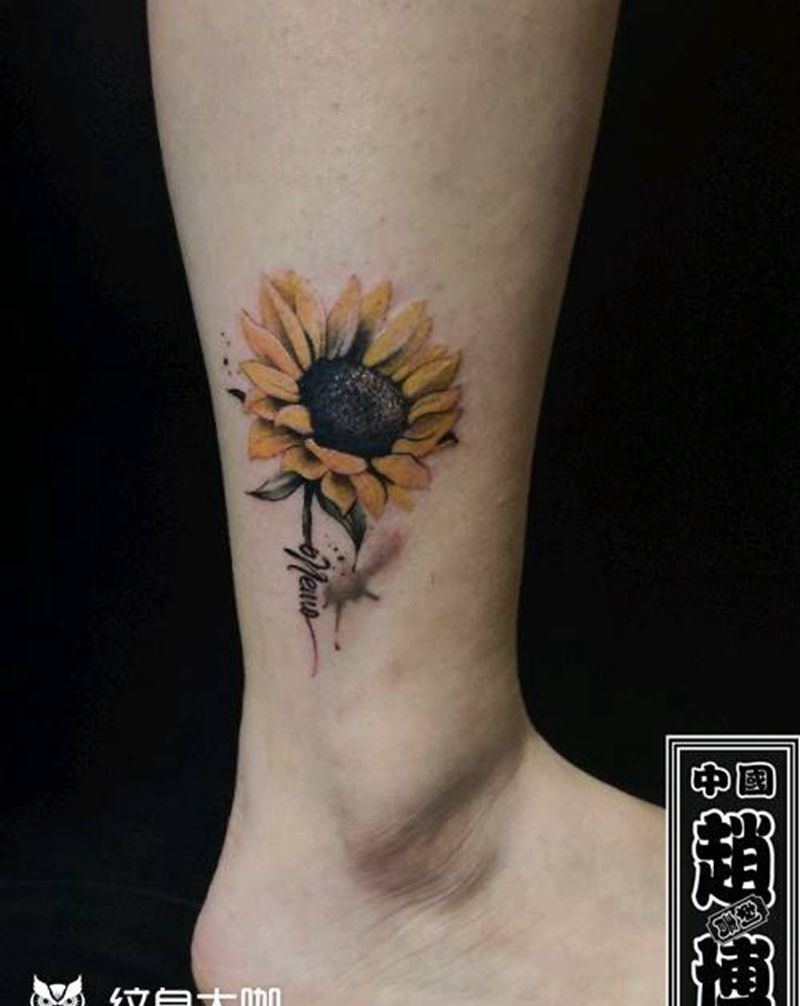 向日葵纹身纹身图片_腿部水彩向日葵纹身图案