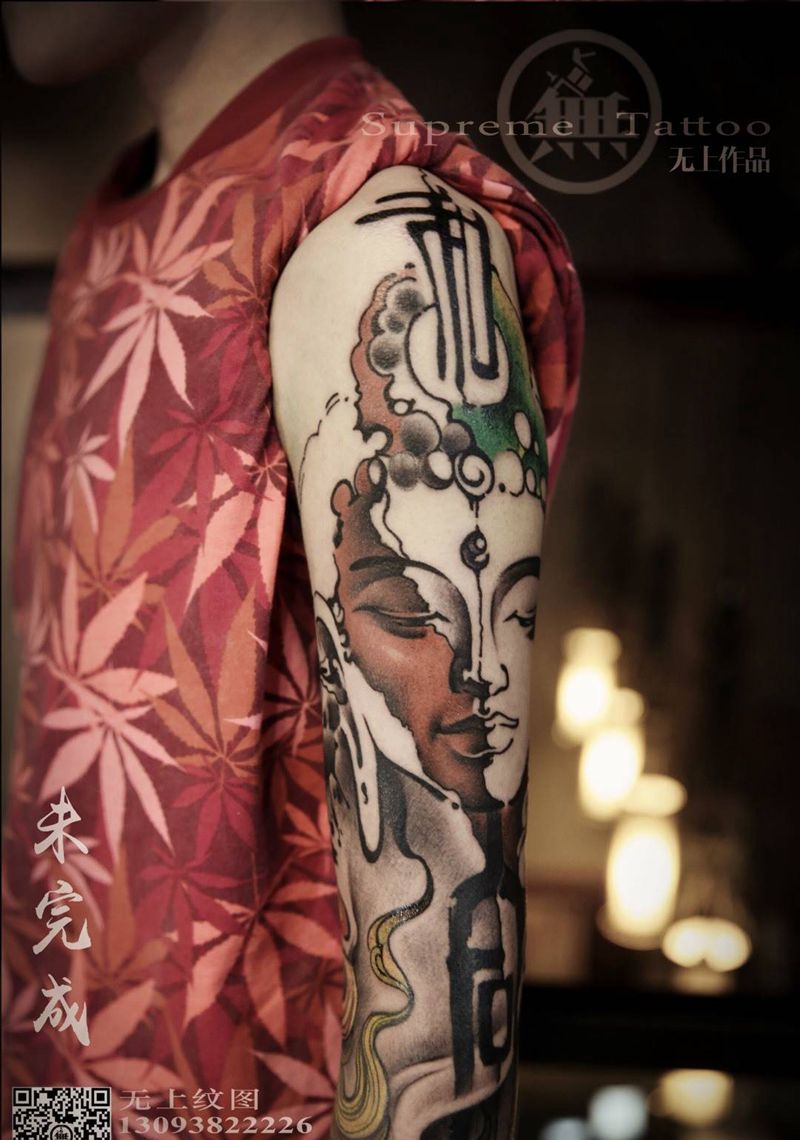 佛像 和 合 同纹身图片_原创人物宗教国画手臂成品纹身图案