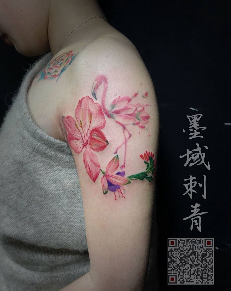 火烈鸟纹身图片_成品插画手臂写实国画纹身图案