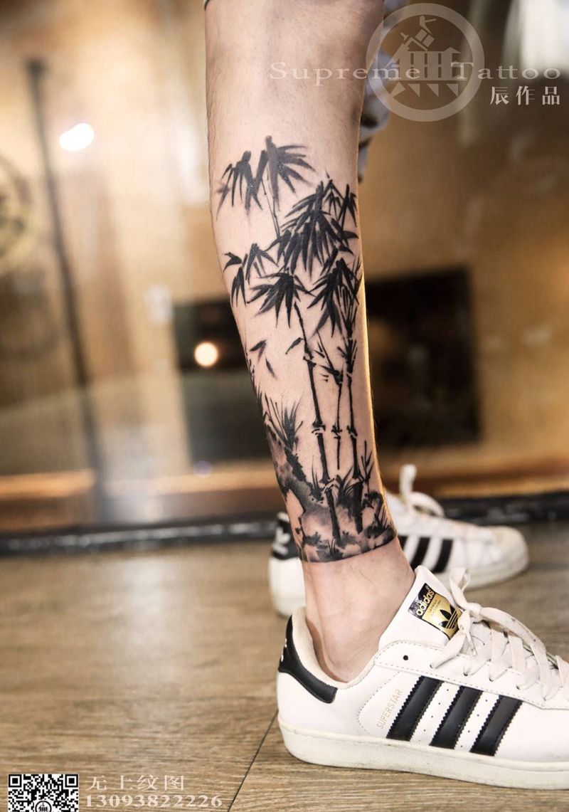 小腿竹纹身图片_成品腿部清新植物竹子纹身图案