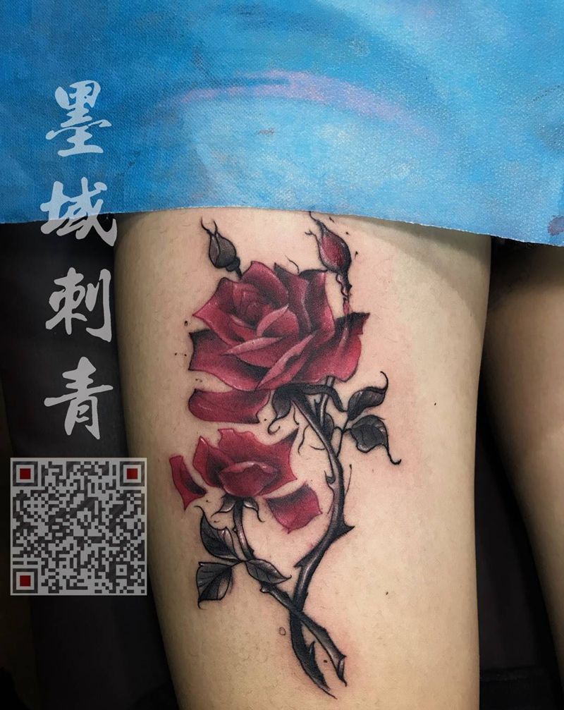 玫瑰纹身图片_成品腿部清新植物纹身图案