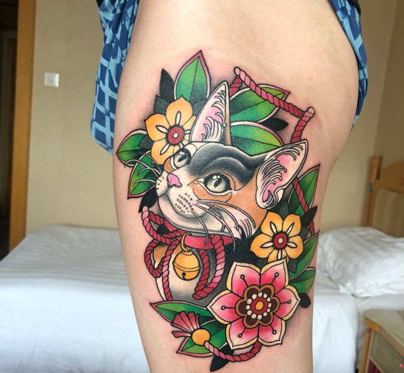 new school 猫纹身图片_腿部臀部New School纹身图案